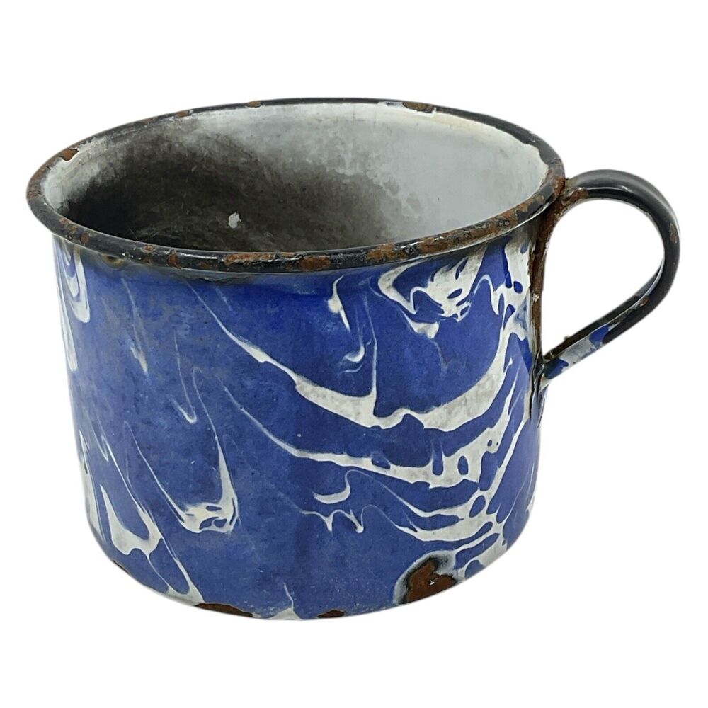 Blue Swirl Graniteware Coffee Cup Black Rim‎ Enamel Cowboy Mug Chuckwagon
